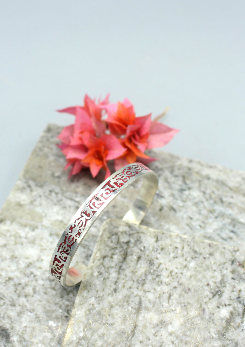 Om Mani Coral Inlaid Tibetan Bracelet