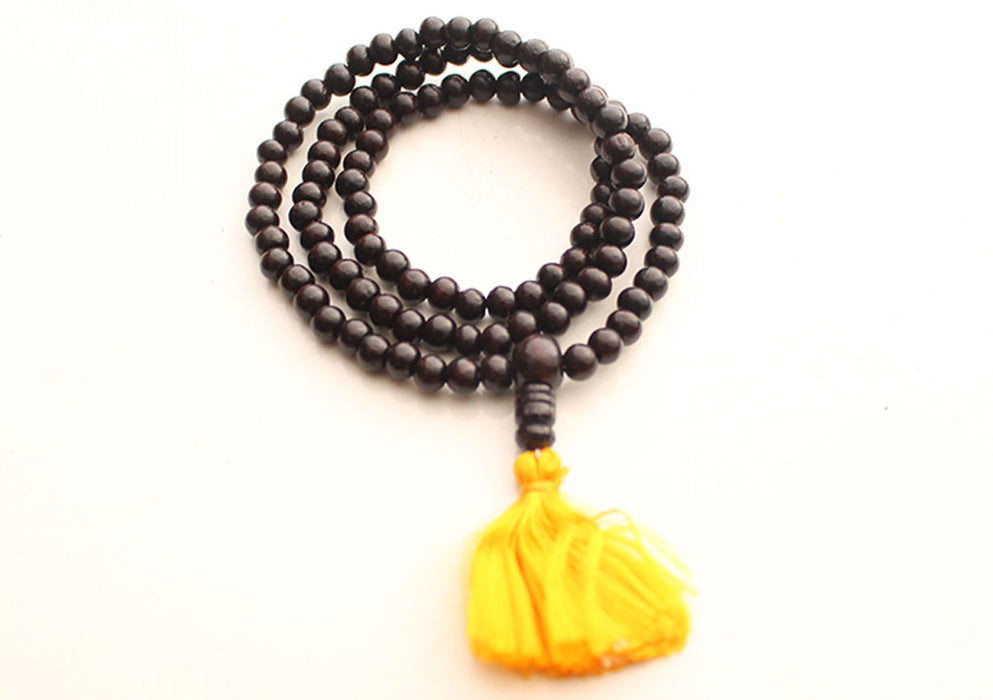 Black Rosewood 8mm Tibetan Prayer Mala Beads with Yellow Tassel - nepacrafts
