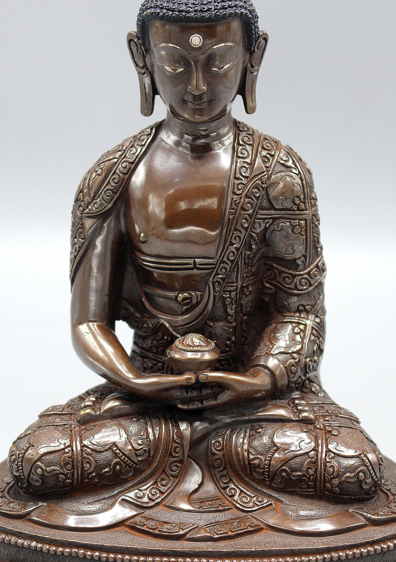 Copper Oxidized Amitabha Buddha Statue with Conch Carved