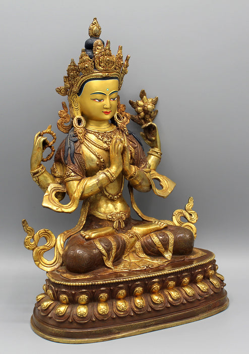 Gold Plated Masterpiece Chenrezig Statue 13" with Intricate Floral Motifs - nepacrafts