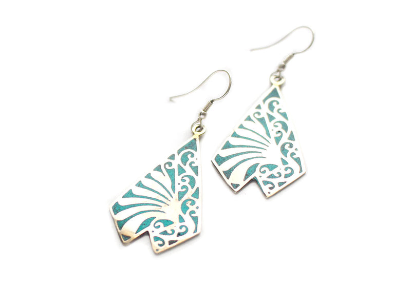 Triangle Shaped Inlaid White Metal Dangle Earrings - nepacrafts