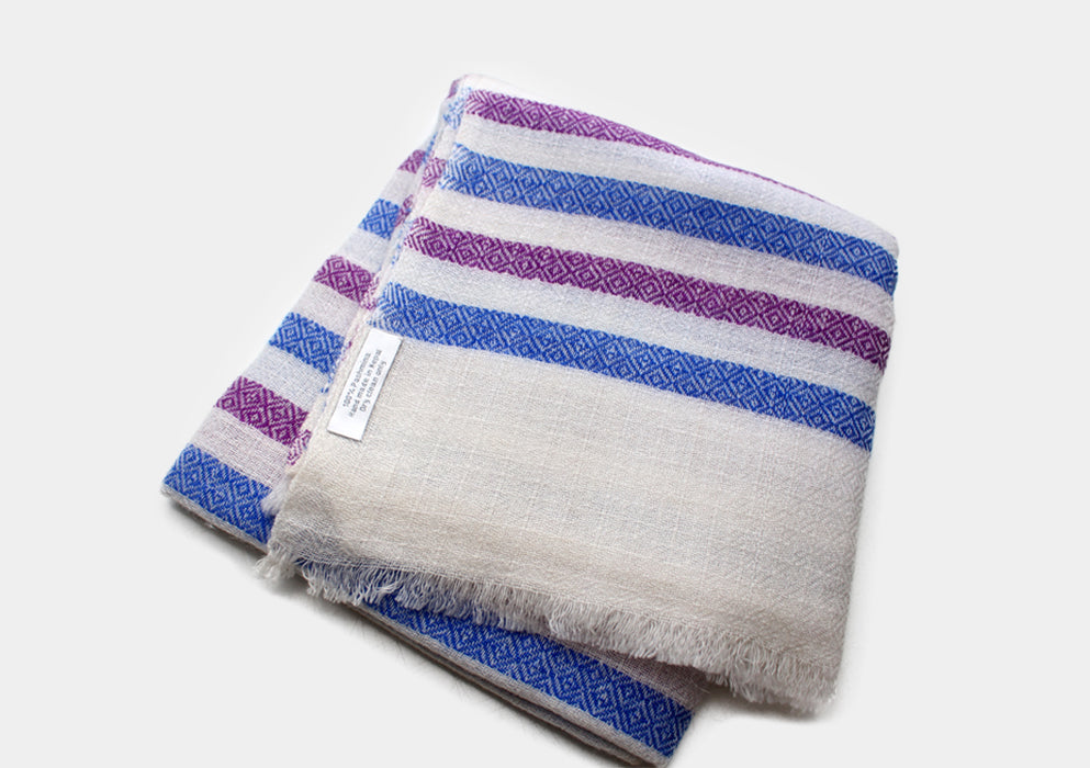 Diamond Weaved Blue and Purple Striped Pure Pashmina Shawl - nepacrafts