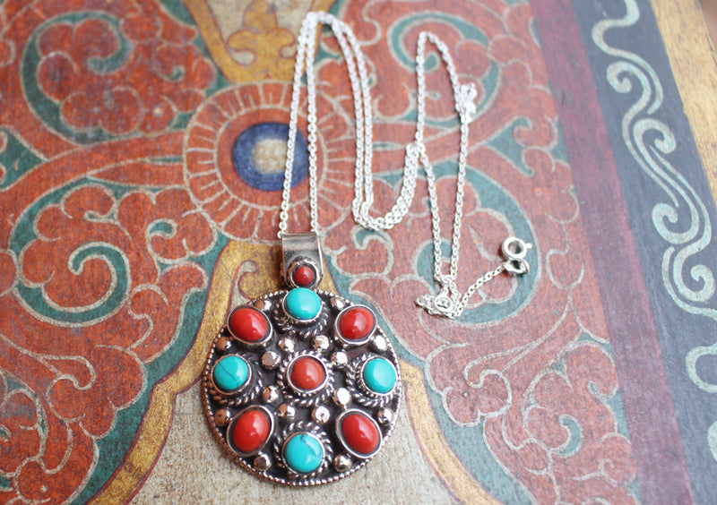 Coral and Turquoise Decoration Flower Pendant - nepacrafts