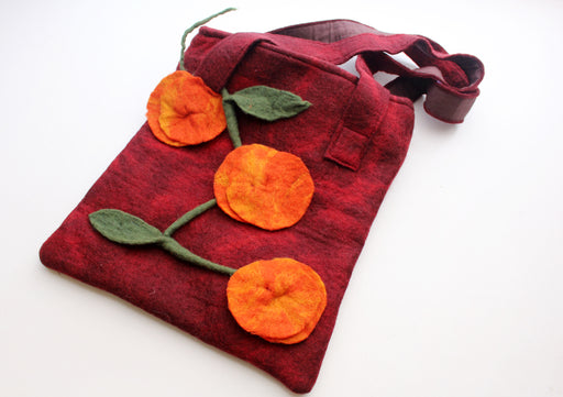 Handmade Beautiful Monk Red Felt Bag Adorned with Orange Flower - nepacrafts