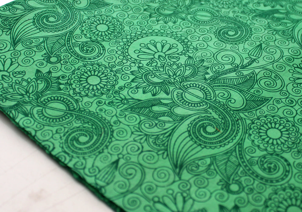 Flower Printed Green Handmade Gift Wrapping Lokta Paper Sheets - nepacrafts