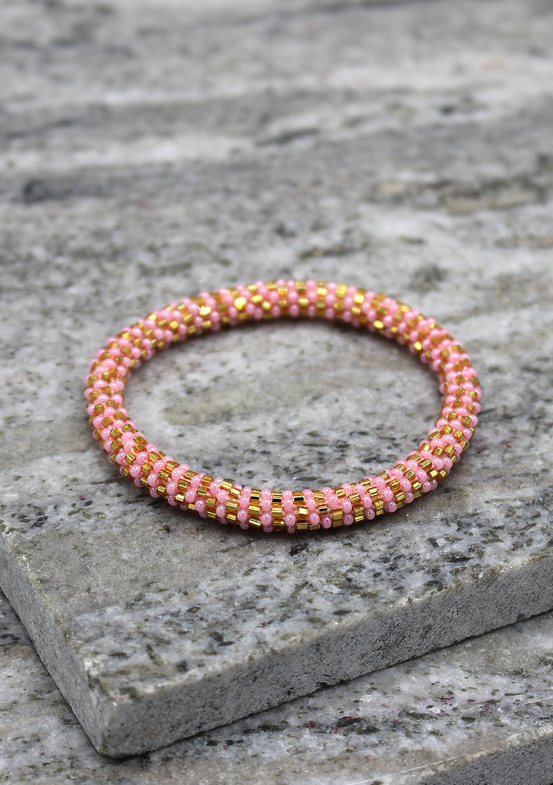 Pink and Golden Colors Swirl Glass Beads Bracelet