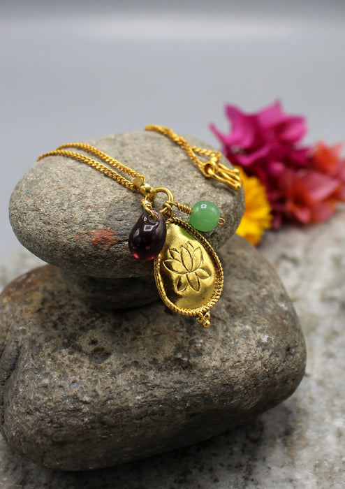 24 K Gold Plated Lotus Pendant with Faux Emerald and Sapphire Stone Charms