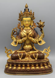 Gold Plated Masterpiece Chenrezig Statue 13" with Intricate Floral Motifs - nepacrafts