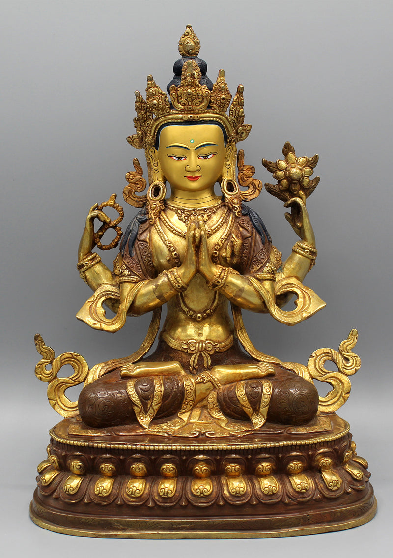 Gold Plated Masterpiece Chenrezig Statue 13" with Intricate Floral Motifs - nepacrafts