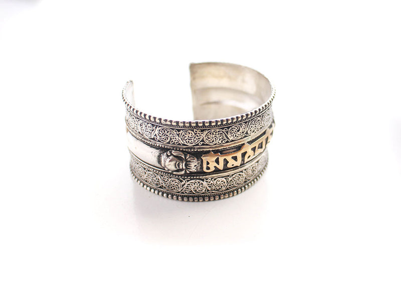 White Metal Om Mani Carved Cuff Bracelet for Meditation and Yoga - nepacrafts