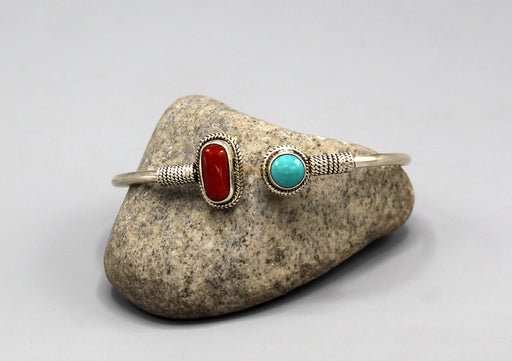 Plain Coral and Turquoise Inlaid Sterling Silver Bracelet - nepacrafts
