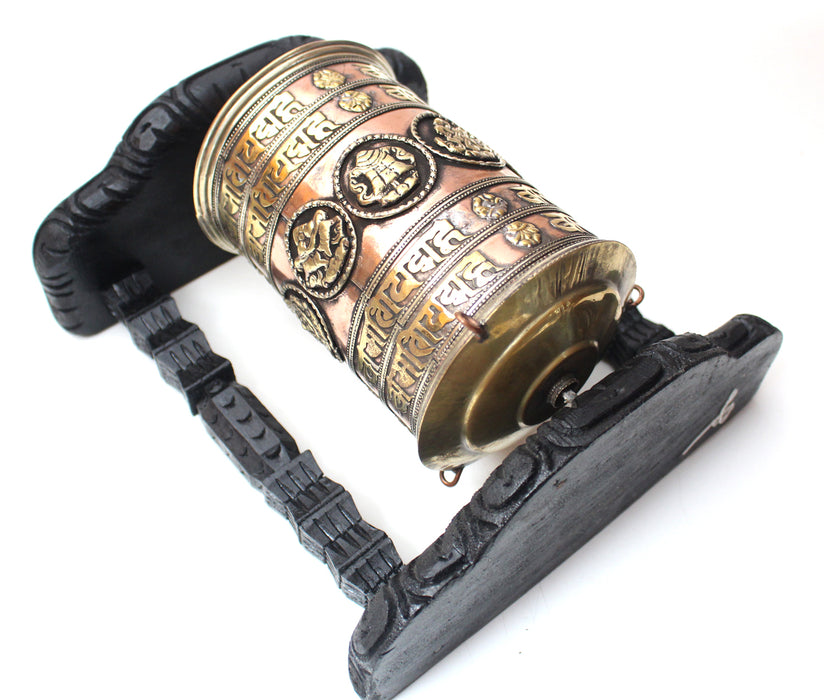 Large Copper Prayer Wheel with Wooden Wall Frame - nepacrafts