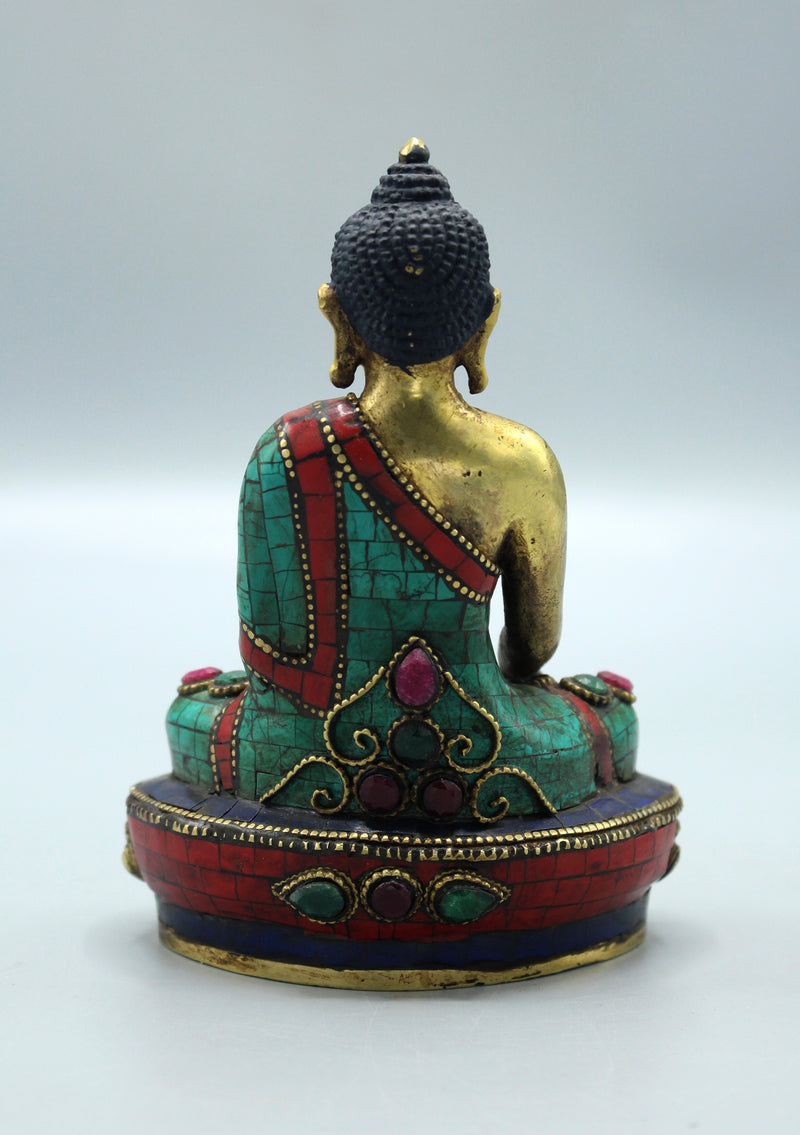 Face Painted Ruby and Emerald Inlaid Shakyamuni Buddha Statue 5.5"