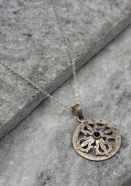 Round Double Dorjee Inlaid Sterling Silver Pendant - nepacrafts
