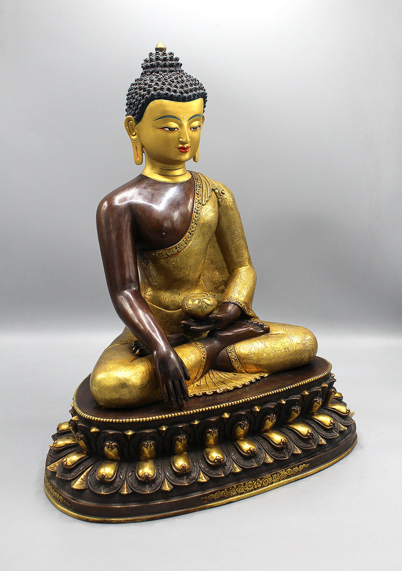 Partly Gold Plated Shakyamuni Buddha Statue in Monastic Robe With Floral Motifs