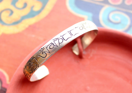 Om Mane Padme Mantra Engraved White Metal Bracelet, Adjustable Bracelet for Yoga - nepacrafts