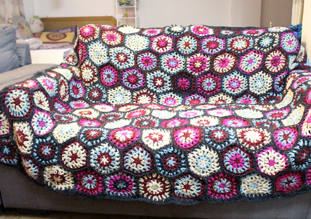 Colorful Hexagon Motif Pattern Hand Crochet Woolen Blanket/Throw