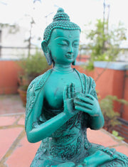 Turquoise Toned Floral Motifs Carved Vairochana Buddha Resin Statue 7 inch High - nepacrafts