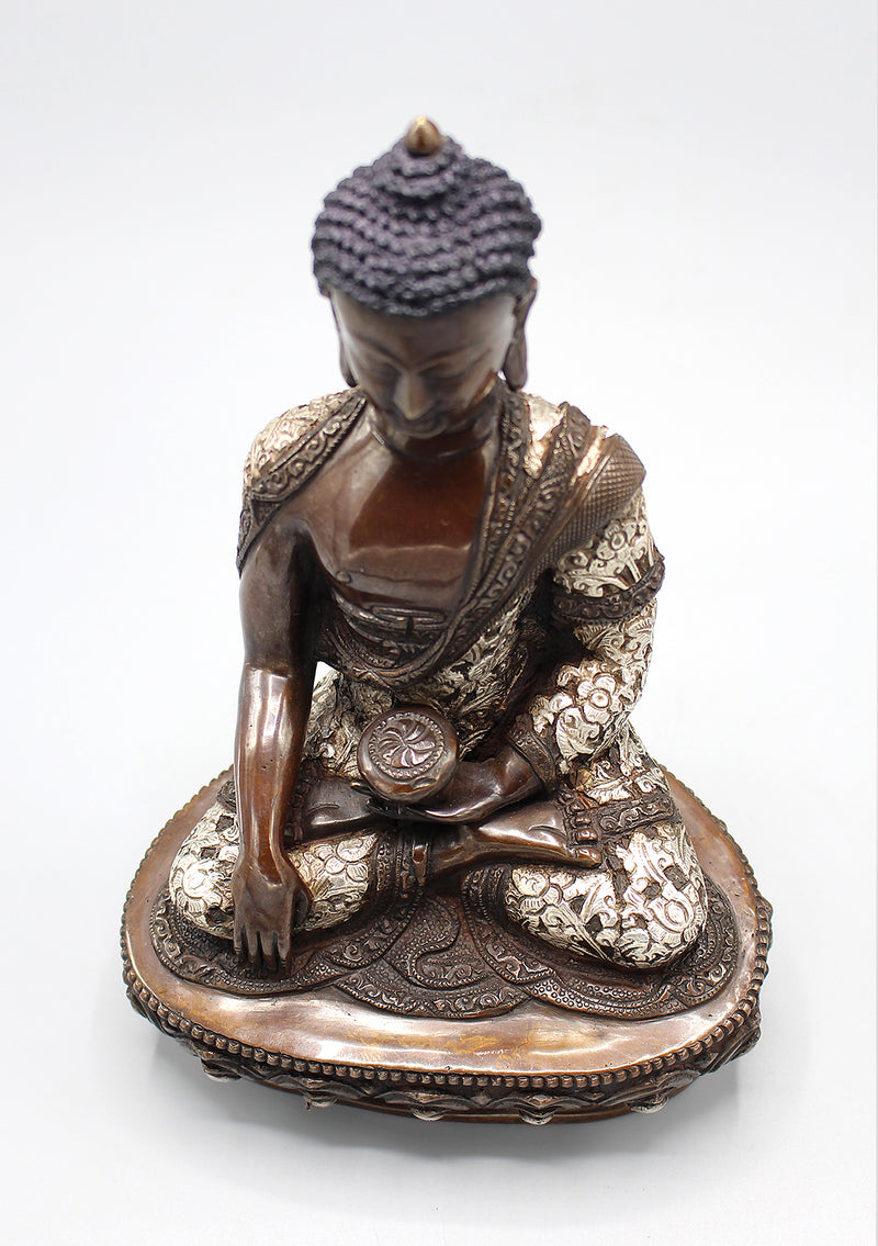 Flower Carving Copper Oxidized Shakyamuni Buddha Silver Inlaid Statue