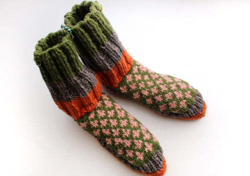 Green and Orange Multicolor Woolen Indoor Lined Hand Knitted Boot - nepacrafts