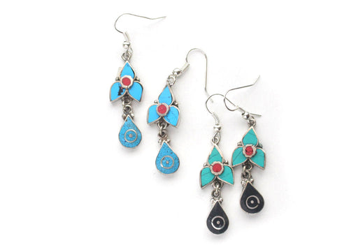 Turquoise and Coral Inlaid Flower Drop White Metal Earrings - nepacrafts