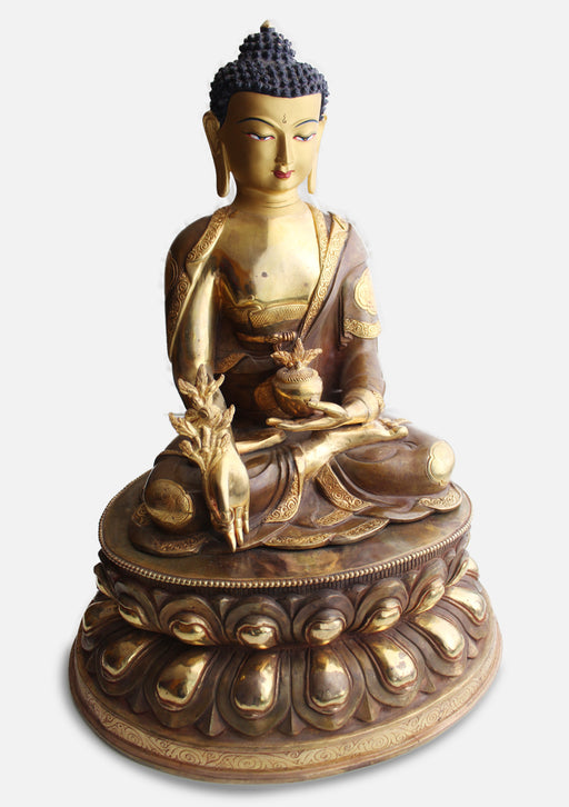 Gold Plated 17" Medicine Buddha Statue, Flower Carved and Double Lotus - nepacrafts