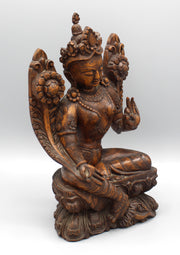 Green Tara Wooden Carving Statue - nepacrafts