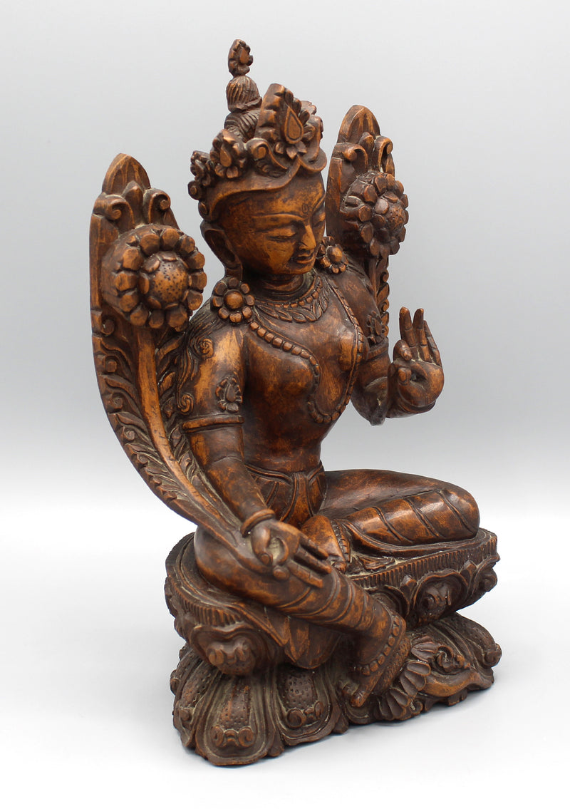 Green Tara Wooden Carving Statue - nepacrafts