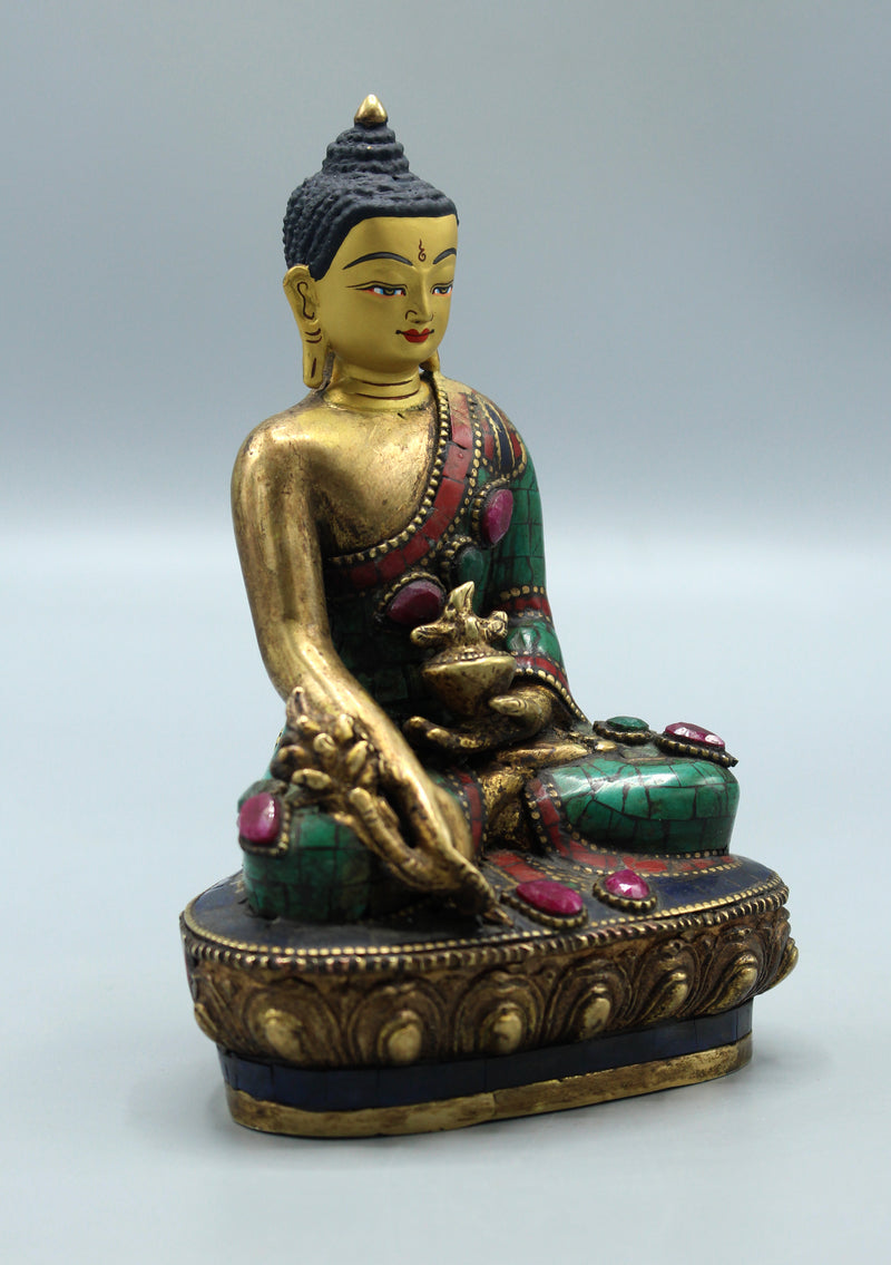 Face Painted Ruby and Emerald Inlaid Medicine Buddha Statue 5.5"