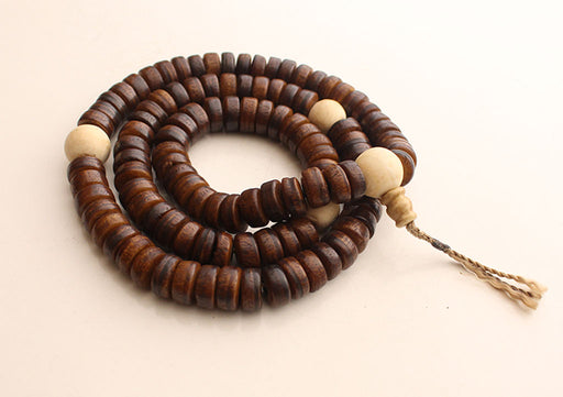 Disk Shaped Brown Yak Bone Japa Mala with White Conch Counter - nepacrafts