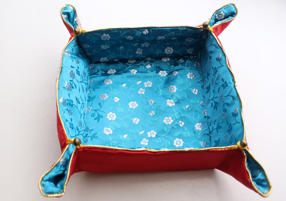 Blue Flower Print Silk Brocade Decorative Candy Basket - nepacrafts