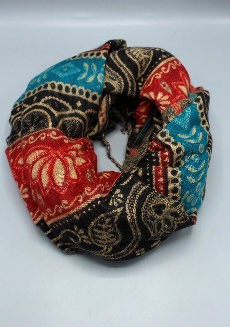 Red Lotus Design Black and Green Multi Color Yak Wool Shawl