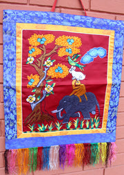 Four Harmonious Friends Embroidered Brocade Framed Wall Hanging - nepacrafts