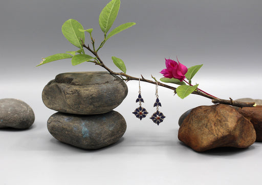 Daisy Flower Lapis and Coral Inlaid Dangle Earrings - nepacrafts