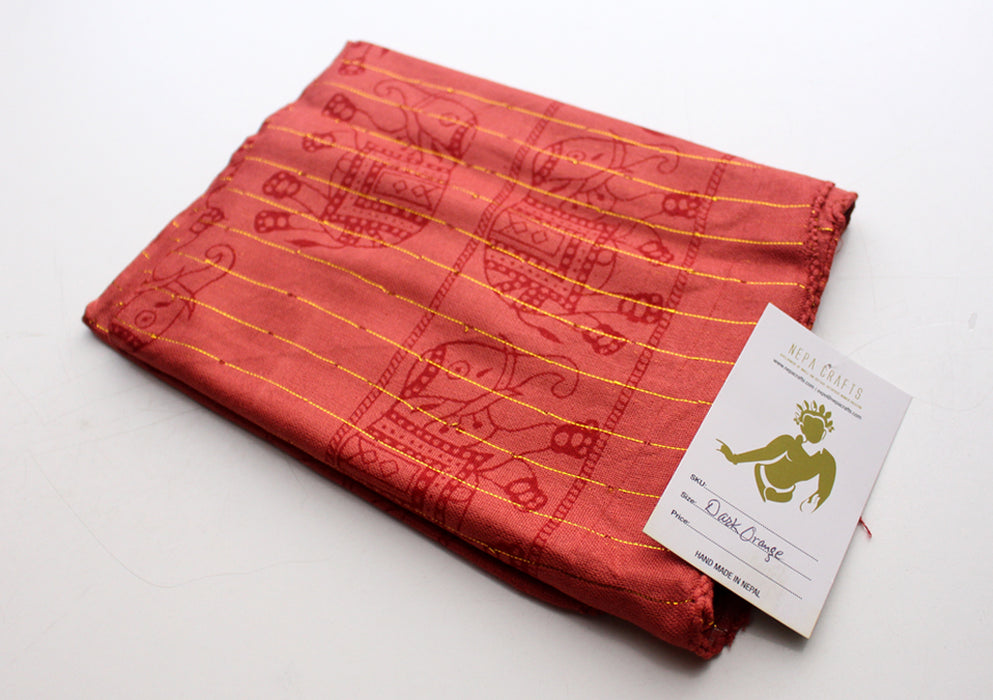 Dark Orange Cotton Meditation Scarf with Elephant Print, Jari Shawl/Scarf - nepacrafts