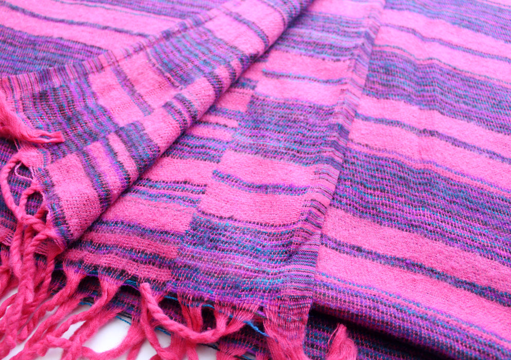 Pink with Purple and Blue Lining Himalayan Yak Wool Blanket Shawl - nepacrafts