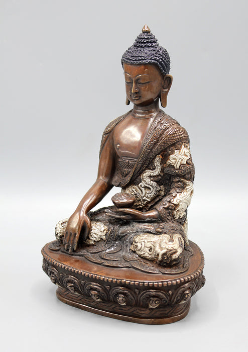 Copper Oxidized Shakyamuni Buddha Statue Dragon Carving
