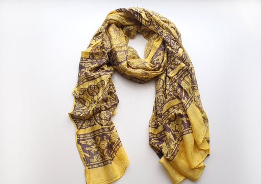 Yellow and Marron Cotton Summer Scarf with Flower Print - nepacrafts