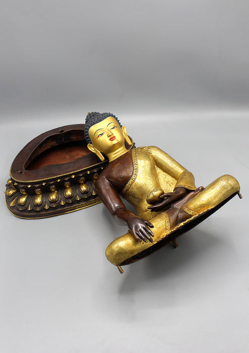 Partly Gold Plated Shakyamuni Buddha Statue in Monastic Robe With Floral Motifs