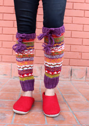 Multicolor Hand Knitted Purple Border Winter Legwarmers - nepacrafts