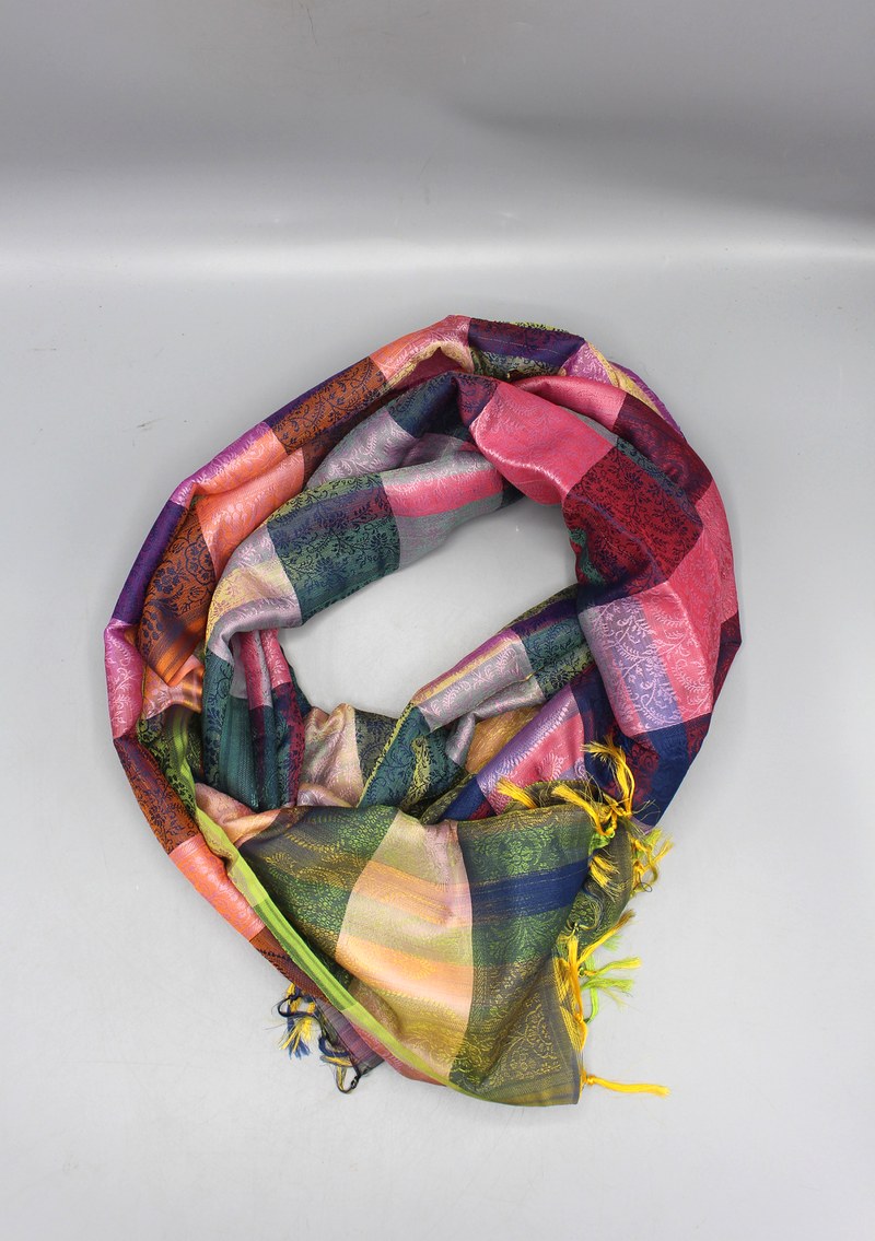 Silk Mixed Polyester Pink and Green Mixed Multi Color Shawls with Furka