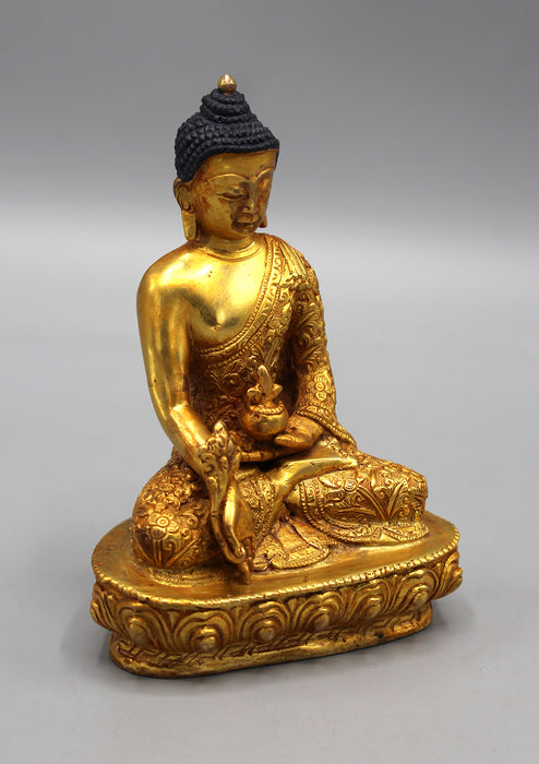 Fully Gold Plated Medicine Buddha Statue - Lotus, Flower carved