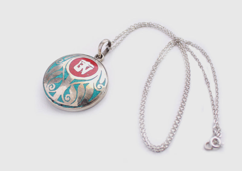 Tibetan Om and Lotus Painted White Metal Pendant - nepacrafts
