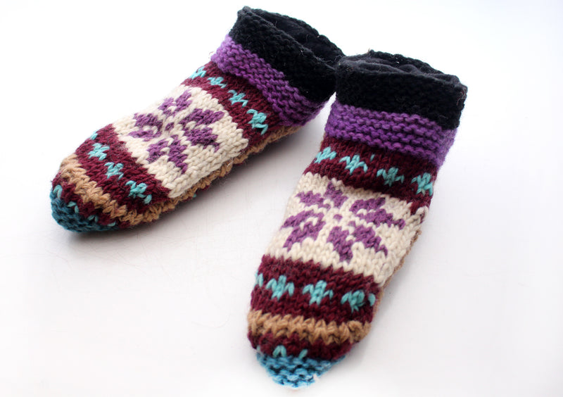 Purple Snow Flakes Pattern Woolen Multicolor Indoor Lined Socks - nepacrafts