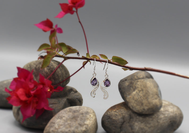 Amethyst Leaf Design Sterling Silver Earrings - nepacrafts