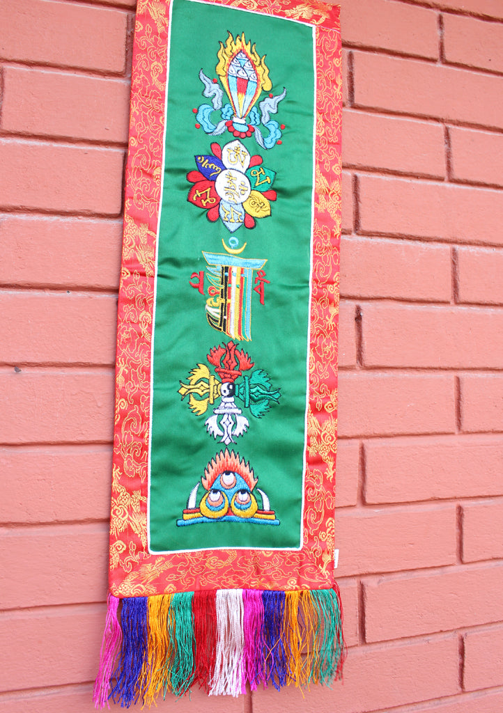 Tibetan Five Symbol Embroidered Polyester Wall Hanging Banner - nepacrafts