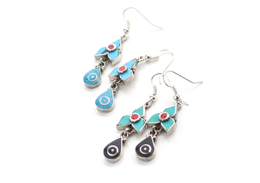 Turquoise and Coral Inlaid Flower Drop White Metal Earrings - nepacrafts