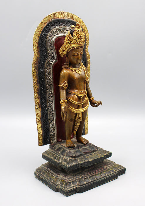 Gold Plated Copper Oxidized Lokeshwor Statue on Wooden Frame and Base