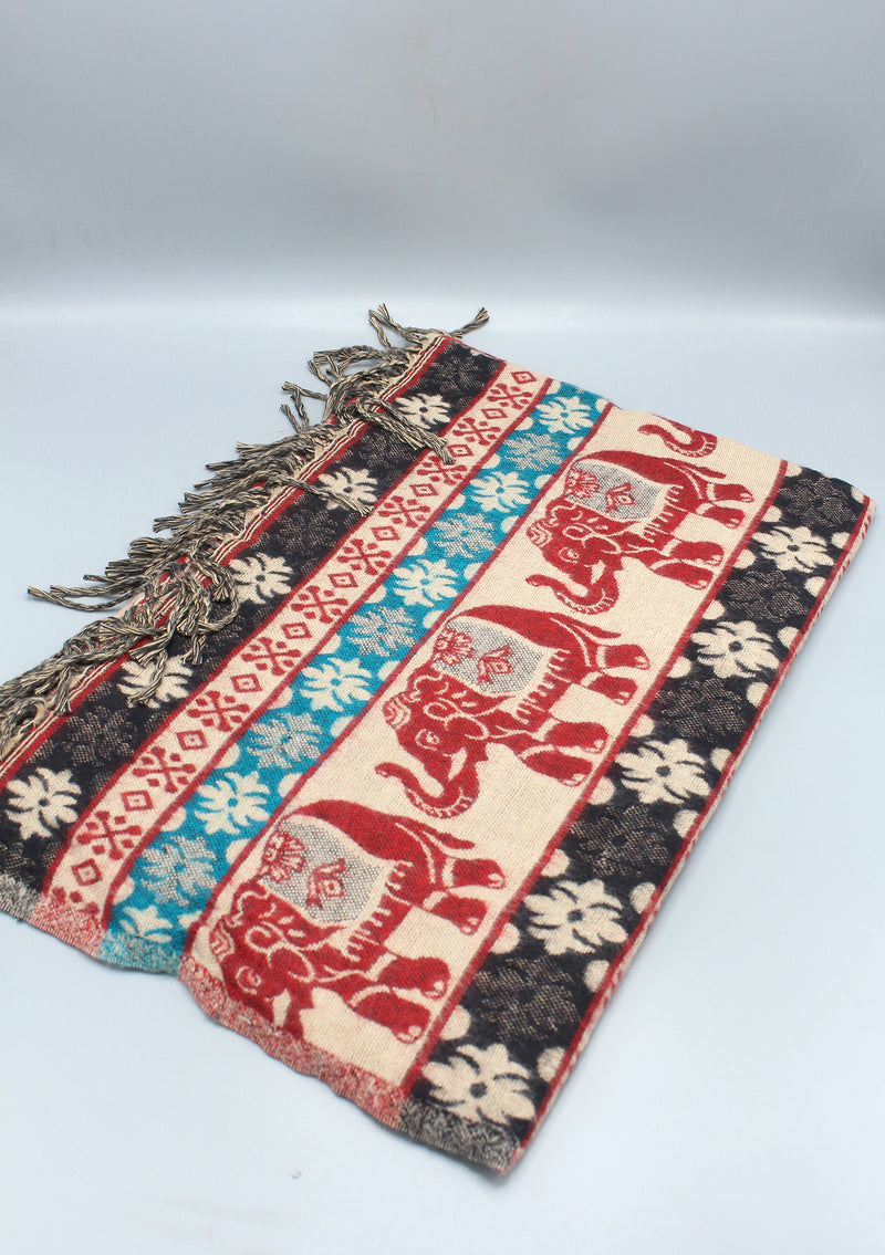Red Elephant Design Multi Color Yak Wool Shawl