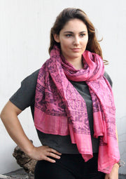 Dark Pink Cotton Summer Scarf/Wraps with Elephant and Deer Print From Nepal - nepacrafts